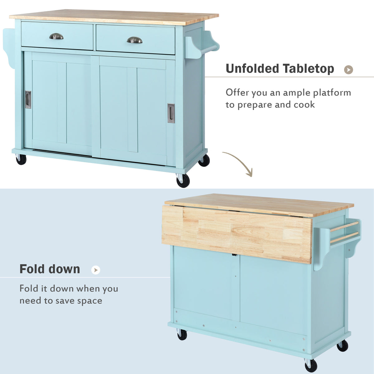 Kitchen Cart with Rubber wood Drop-Leaf Countertop, Concealed sliding barn door adjustable height,Kitchen Island on 4 Wheels with Storage Cabinet and 2 Drawers,L52.2xW30.5xH36.6 inch, Mint Green SK000001AAE-djyc