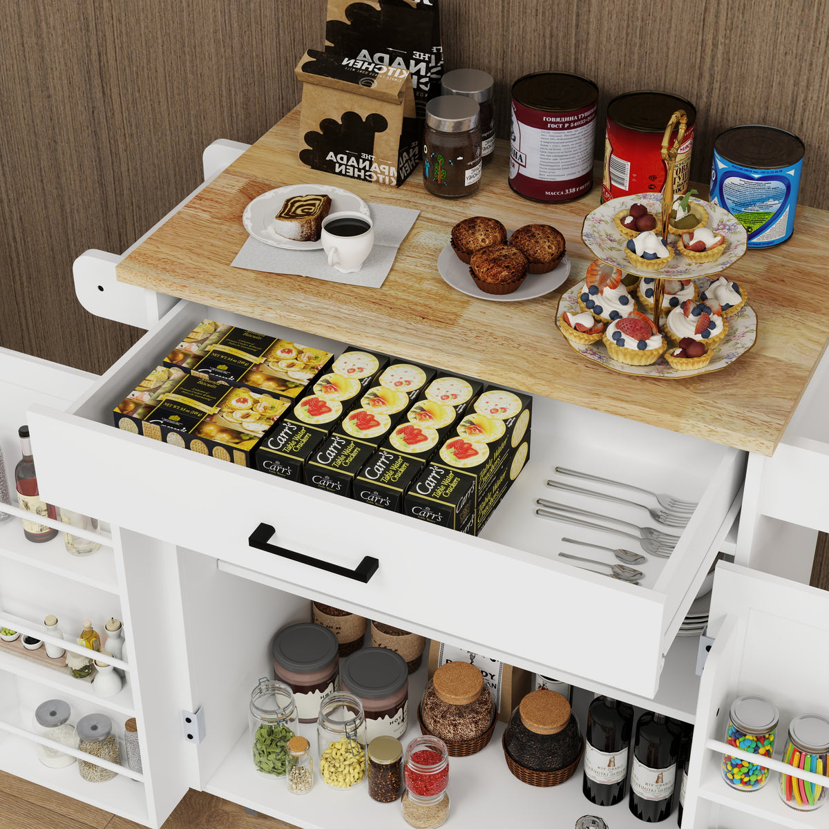 Kitchen island rolling trolley cart with 1 drawer & 2 doors with storage racks & Adjustable Shelves & towel rack & seasoning rack rubber wood table top-White W282P163314-djyc