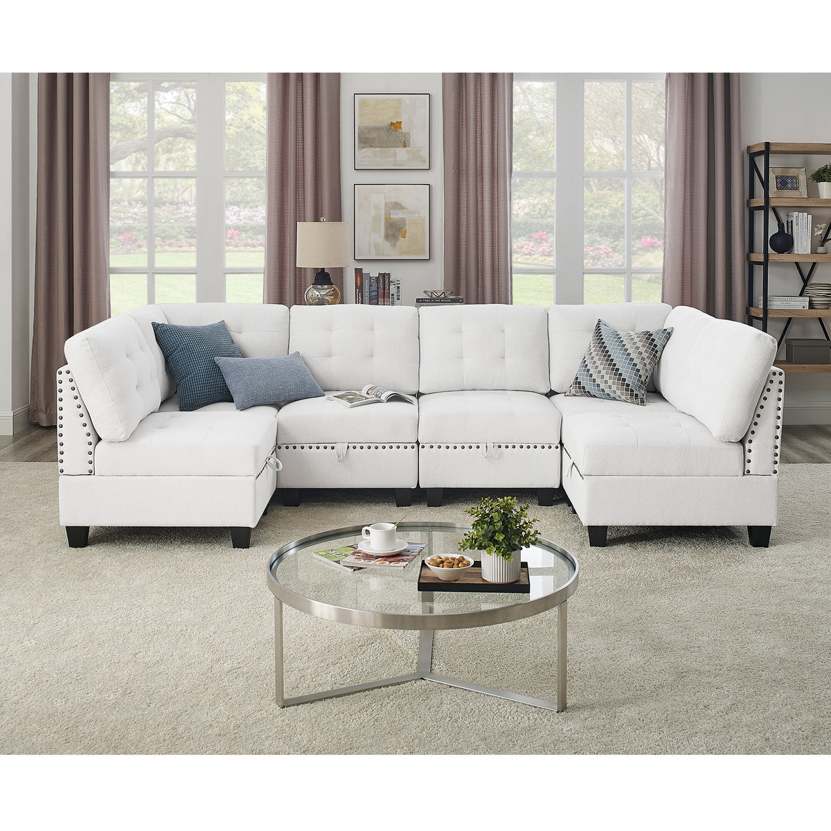 U shape Modular Sectional Sofa,DIY Combination,includes Four Single Chair and Two Corner,Ivory Chenille W487S00194-djyc