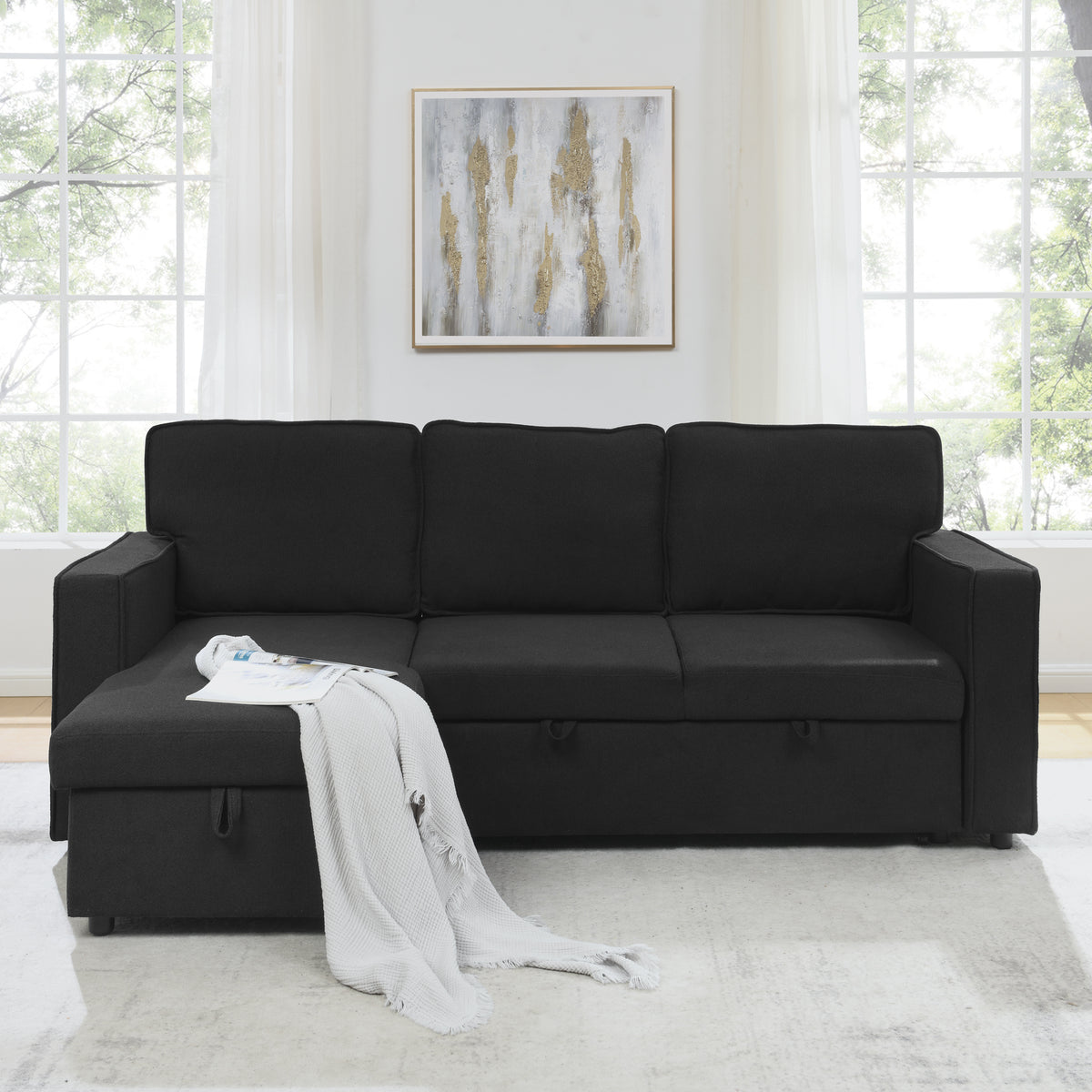 Linen Upholstered Sleeper Sectional Sofa, Shaped Modular Convertible Sofa with Storage Chaise,There are two cup holders in the middle and USB multi-interface function,Pull Out Sleep Couch Bed ,Black W487S00246-djyc