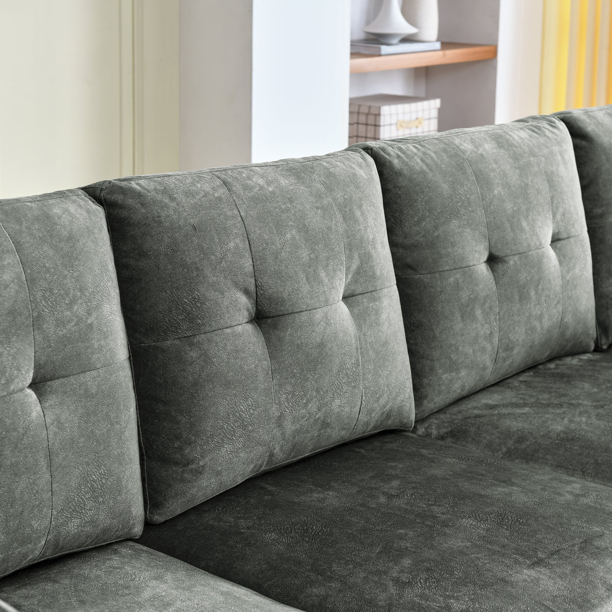 Sectional 3-Seaters Sofa ,Double-sided multi-functional footstool, storage mat , Non-slip leg, two pillows, Velvet, Light grey W487S00237-djyc