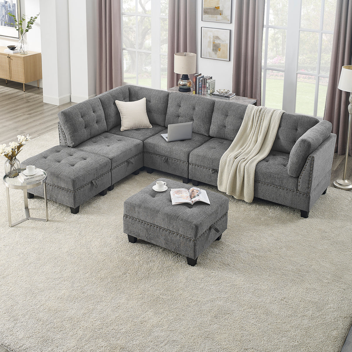 L shape Modular Sectional Sofa,DIY Combination,includes Three Single Chair ,Two Corner and Two Ottoman,Grey Chenille W487S00201-djyc