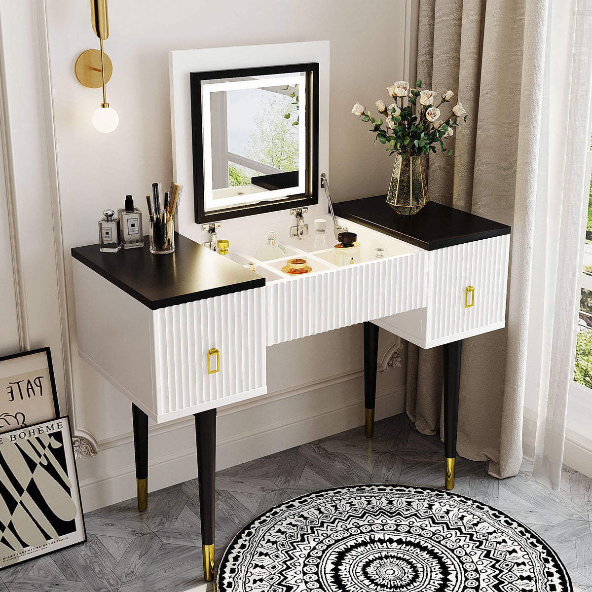 43.3" Modern Vanity Table Set with Flip-top Mirror and LED Light, Dressing Table with Customizable Storage, White and Black WF305842AAA-djyc