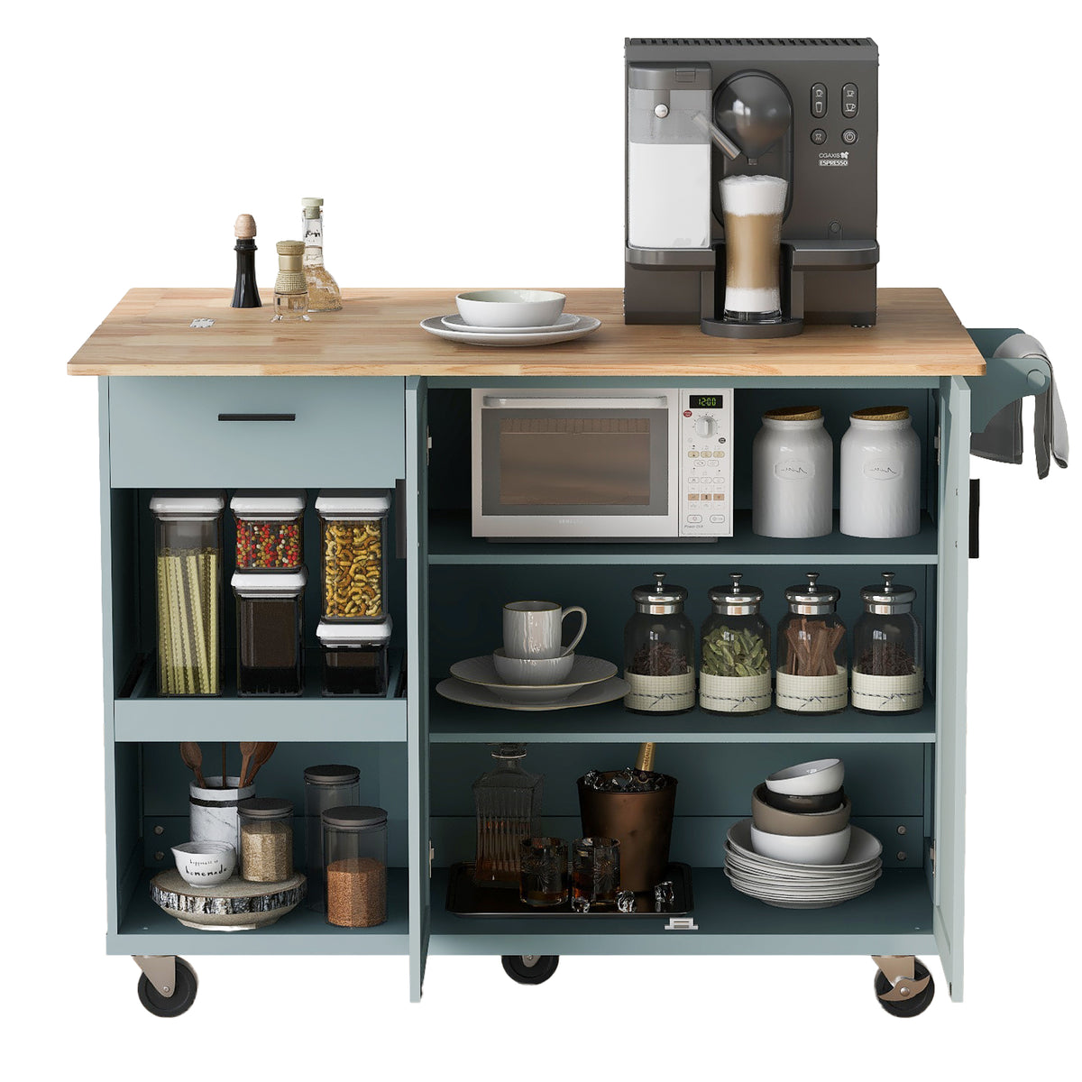 K&K Kitchen Island with Foldable Counter Top, Kitchen Storage Cart with Slide-Out Shelf, Towel Rack and Drawer, Rolling Kitchen Cart on Wheels, for Kitchen, Living Room, Dining Room, Grey Blue N707P173036G-djyc