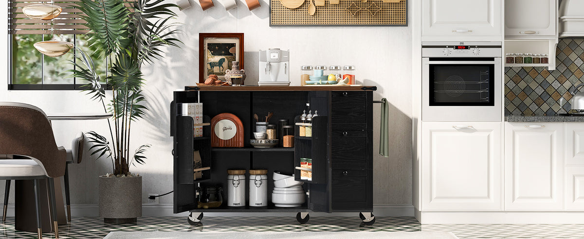 K&K 54.5" Farmhouse Kitchen Island with Power Outlet, Kitchen Storage Islandwith Internal Storage Rack, Drop Leaf, Spice Rack, Rolling Kitchen Cart on Wheels, for Home, Kitchen and Dining Room,Black N707P170349B-djyc