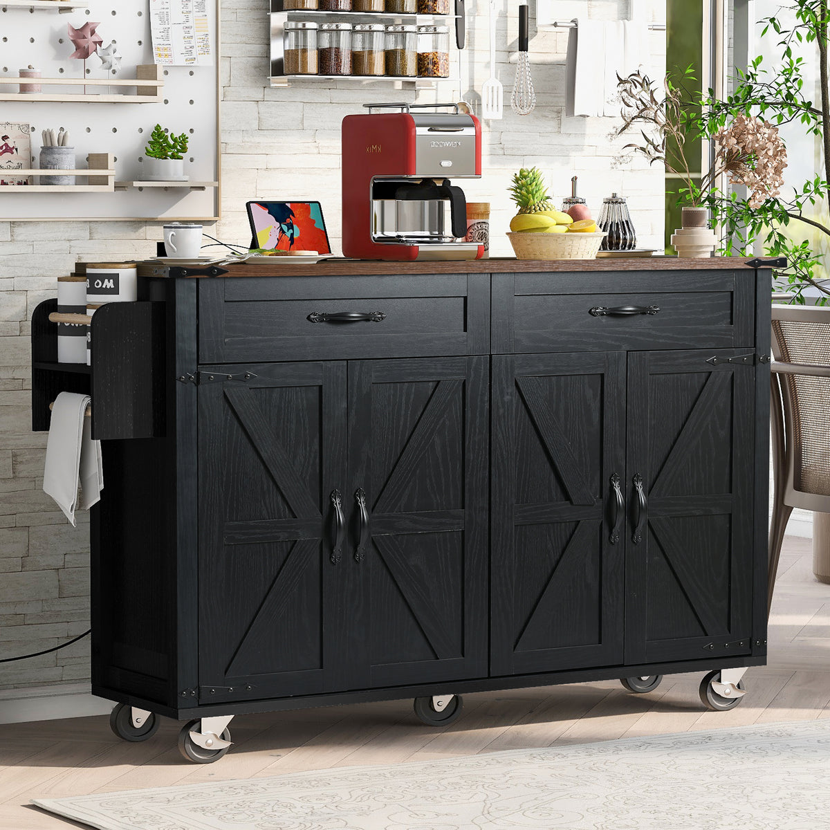 K&K 53.5''Farmhouse Kitchen Island with Power Outlet, Kitchen Storage Island with Drop Leaf, Spice Rack and Drawer, Rolling Kitchen Cart on Wheels, for Home, Kitchen and Dining Room, Black N707P170348B-djyc