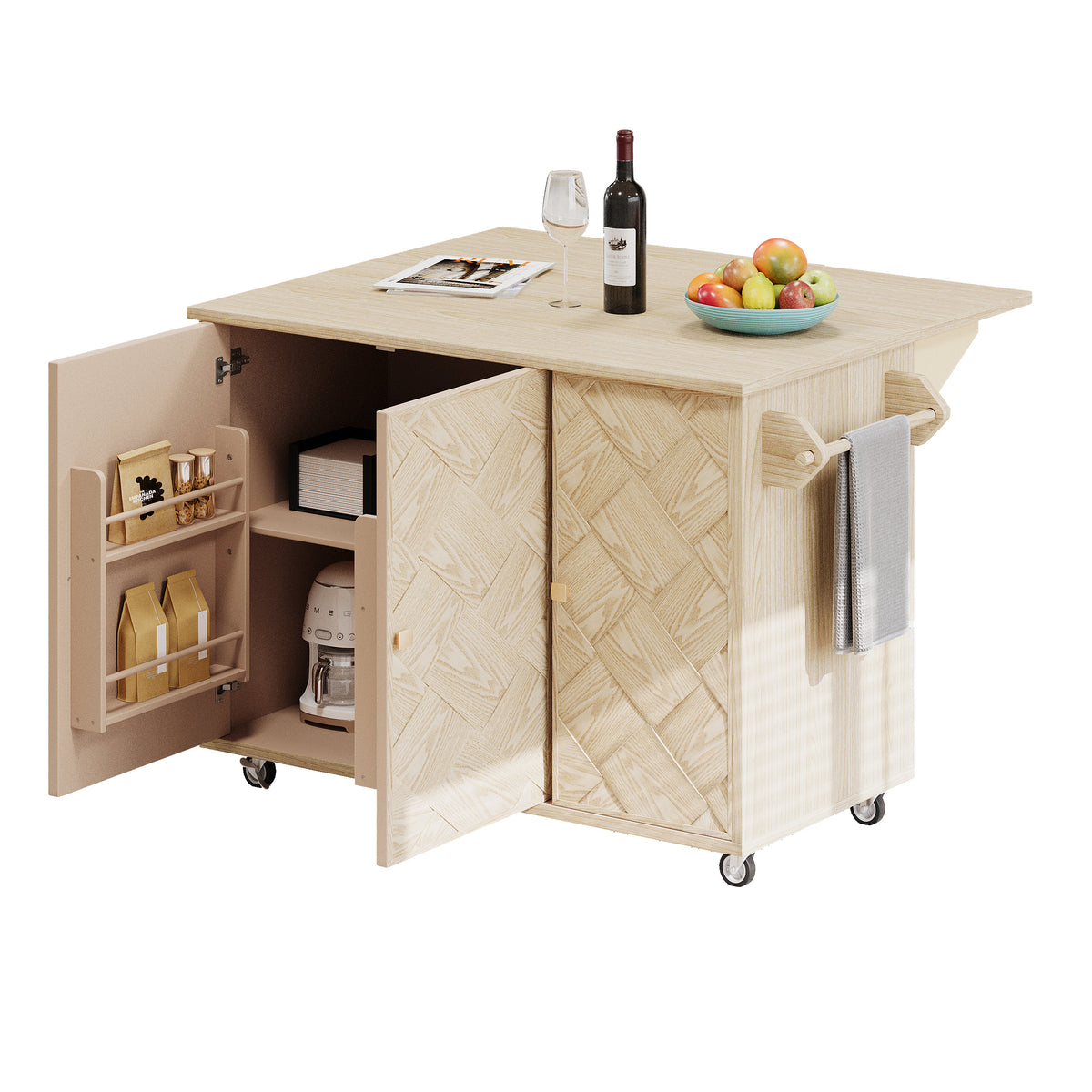 K&K 51.2"W Ash Veneer (Not Cheap Paper) Solid Wood Handwoven Kitchen Island with Drop Leaf, Coastal Kitchen Island on Wheels with Internal Storage Rack, Rolling Kitchen Cart, Nature Wood N707P207916Y-djyc