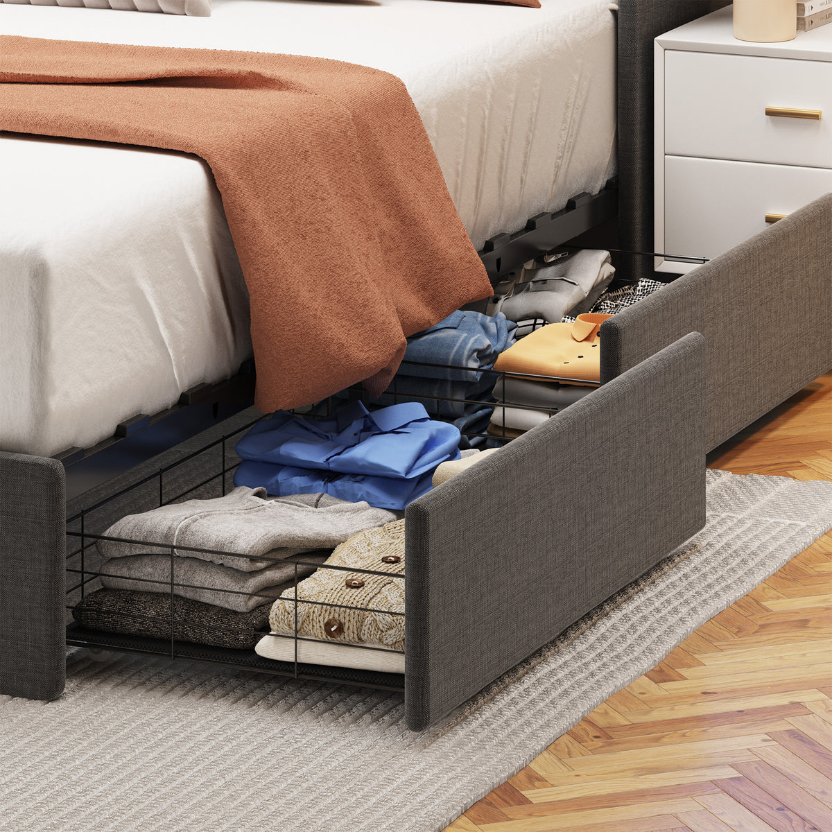 Queen Size Bed Frame with LED, 4 Under-bed Portable Storage Drawers, Wings Headboard Design, Dark Grey W1960S00004-djyc