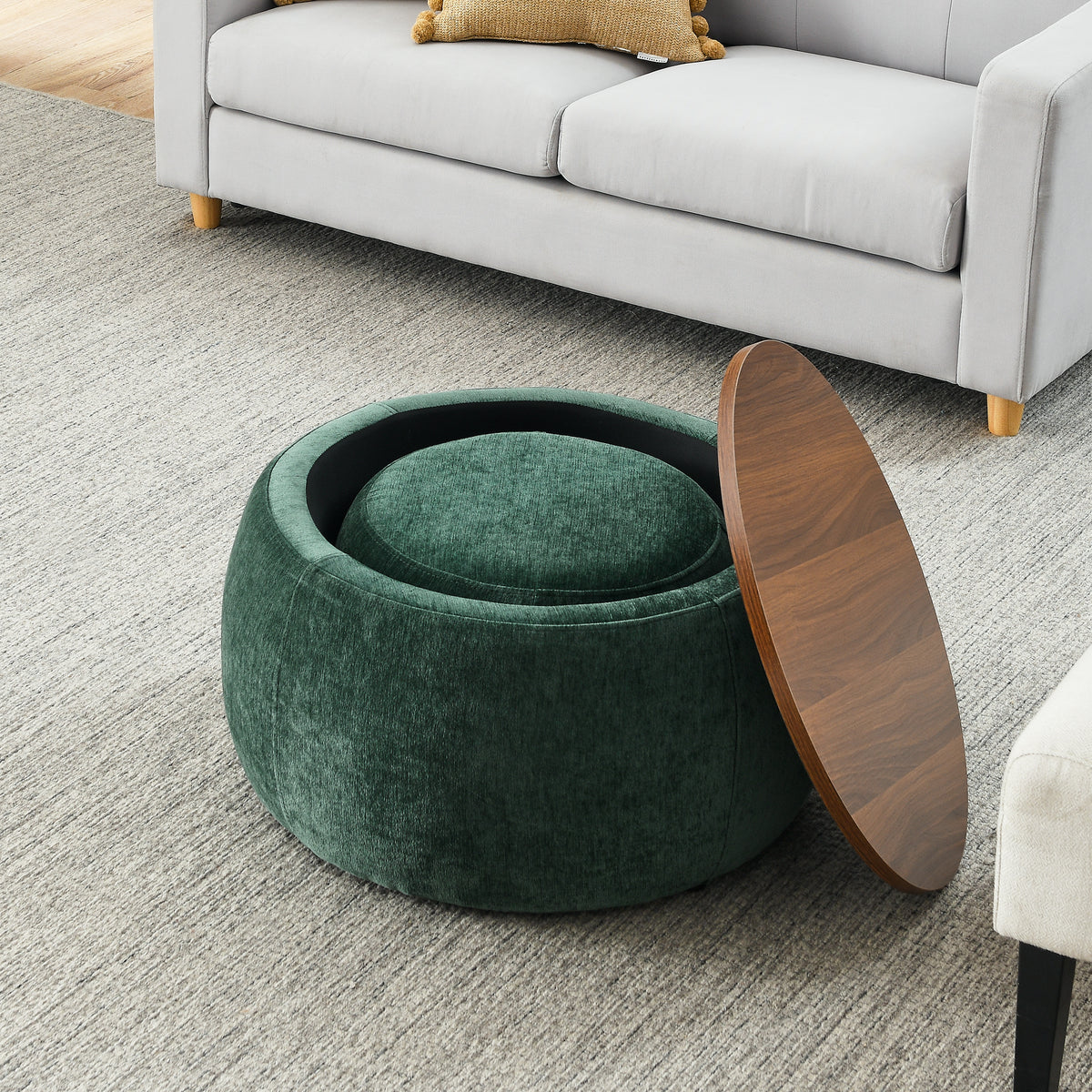 Round Storage Ottoman, 2 in 1 Function, Work as End table and Ottoman,with small seat,Green(25"x25"x14.7") W487P165701-djyc