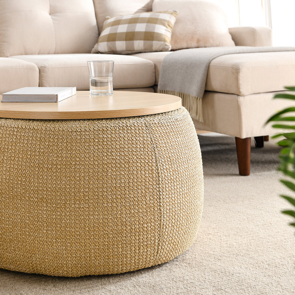 Round Storage Ottoman, 2 in 1 Function, Work as End table and Ottoman, Natural (25.5"x25.5"x14.5") W48762888-djyc