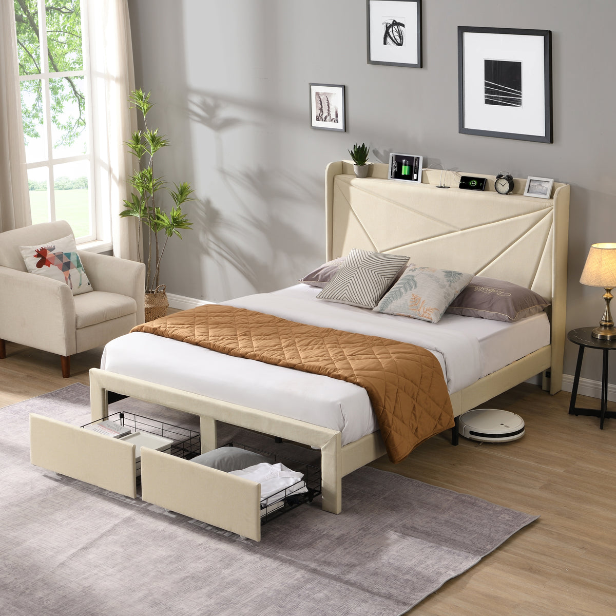 Full Size Bed Frame with 2 Storage Drawers, Upholstered Bed Frame with Wingback Headboard Storage Shelf Built-in USB Charging Stations and Strong Wood Slats Support, No Box Spring Needed, Beige W1916126256-djyc