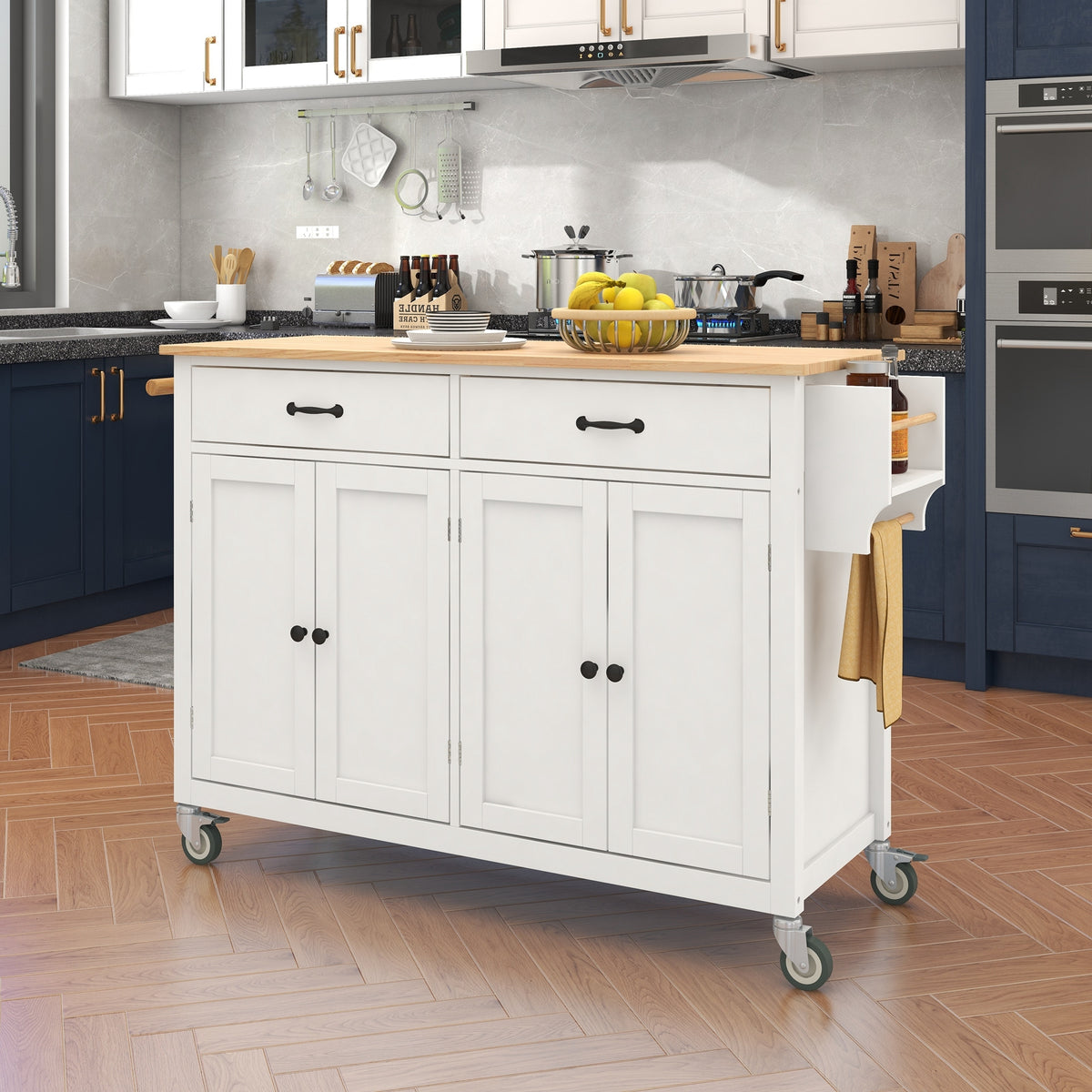 Kitchen Island Cart with Solid Wood Top and Locking Wheels,54.3 Inch Width,4 Door Cabinet and Two Drawers,Spice Rack, Towel Rack (White) WF286911AAW-djyc