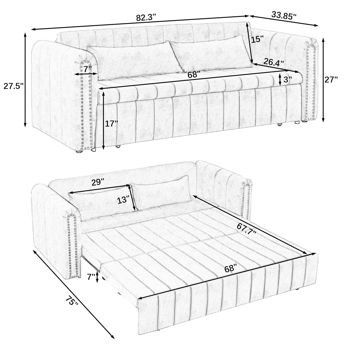 3 in 1 Pull-Out Bed Sleeper, Modern Upholstered 3 Seats Lounge Sofa & Couches with Rolled Arms Decorated with Copper Nails , Convertible Futon 3 Seats Sofabed with Two Drawers and Two Pillows W487S00214-djyc