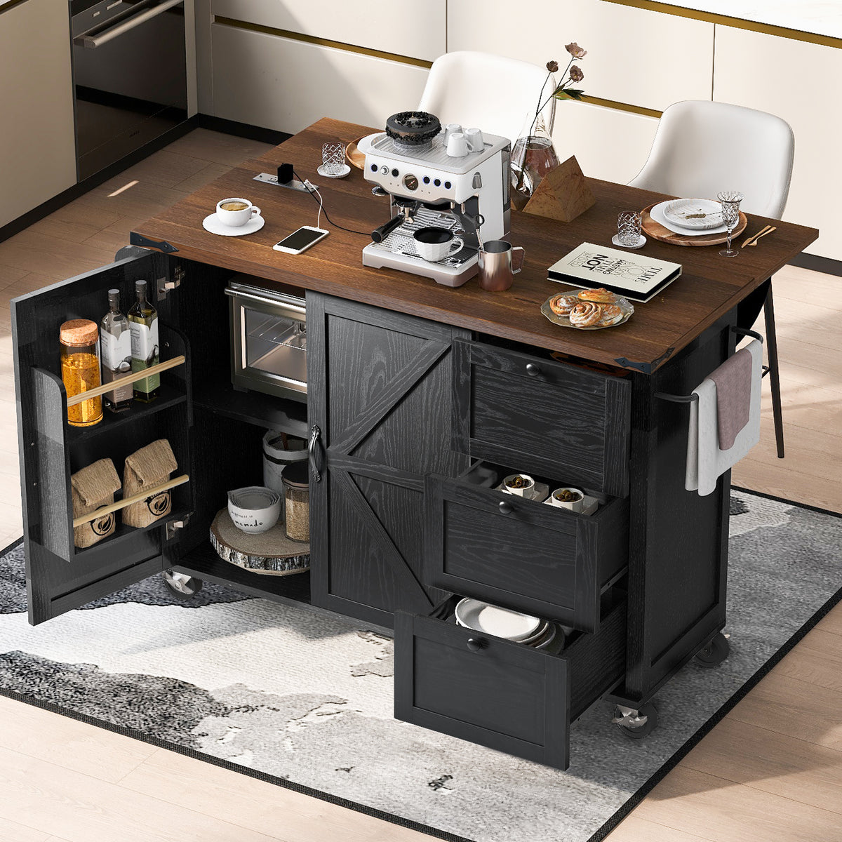 K&K 54.5" Farmhouse Kitchen Island with Power Outlet, Kitchen Storage Islandwith Internal Storage Rack, Drop Leaf, Spice Rack, Rolling Kitchen Cart on Wheels, for Home, Kitchen and Dining Room,Black N707P170349B-djyc