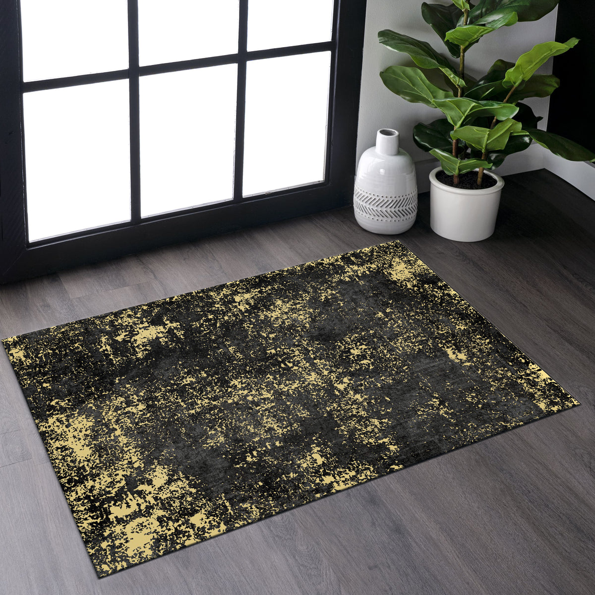 MAVAL Black Washable Rug 2' x 3' Doormat Rug (Black+Gold, 2' x 3')-B189P188979