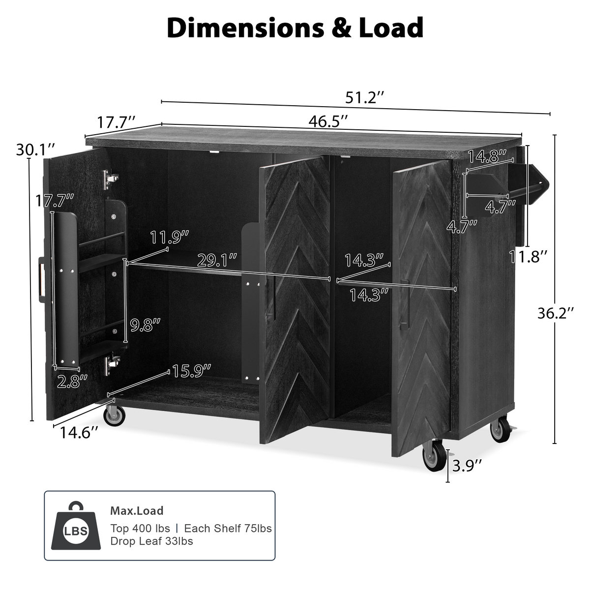 K&K 51.2"W 3D Wave Stripes Ash Veneer (Not Cheap Paper) Kitchen Island with Drop Leaf, Farmhouse Kitchen Island on Wheels with Internal Storage Rack, Rolling Kitchen Cart(Black) N707P207915B-djyc