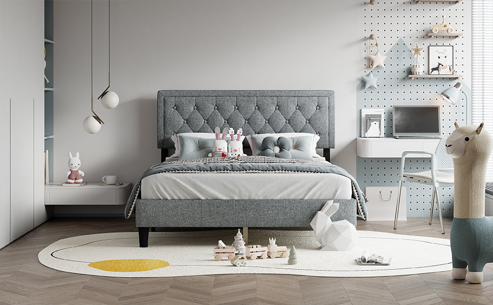 Queen size Panel Bed Frame with Adjustable Button-Tufted Headboard for Bedroom/Linen Upholstered/Wood Slat Support/Easy Assembly,Light Grey W1793140496-djyc