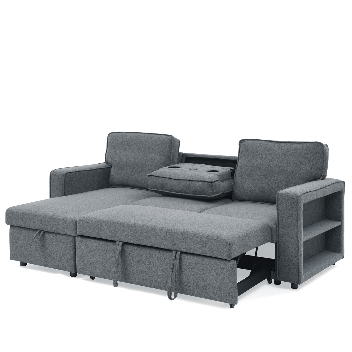 Linen Upholstered Sleeper Sectional Sofa, Shaped Modular Convertible Sofa with Storage Chaise,There are two cup holders in the middle and USB multi-interface function,Pull Out Sleep Couch Bed ,Grey W487S00245-djyc