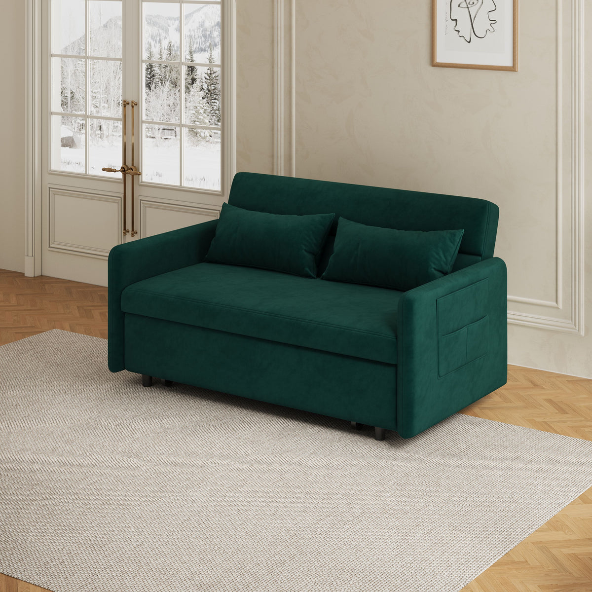 Sofa Pull Out Bed Included Two Pillows 54" Green Velvet Sofa for Small Spaces W1278125092-djyc