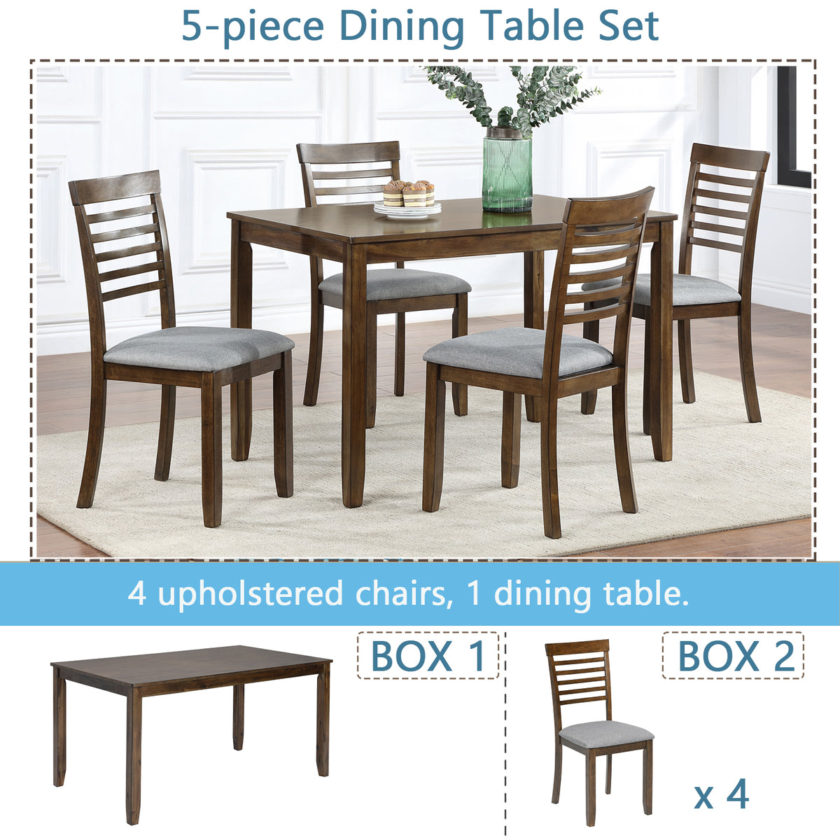 5 Piece Modern Dining Set, Rectangular Wooden Dining Table with 4 Upholstered Chairs for Kitchen, Dining Room, Walnut W1998S00017-djyc