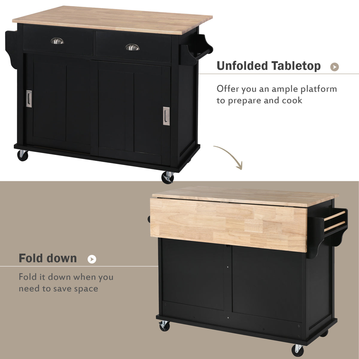 Kitchen Cart with Rubber wood Drop-Leaf Countertop, Concealed sliding barn door adjustable height,Kitchen Island on 4 Wheels with Storage Cabinet and 2 Drawers,L52.2xW30.5xH36.6 inch, Black SK000001AAB-djyc