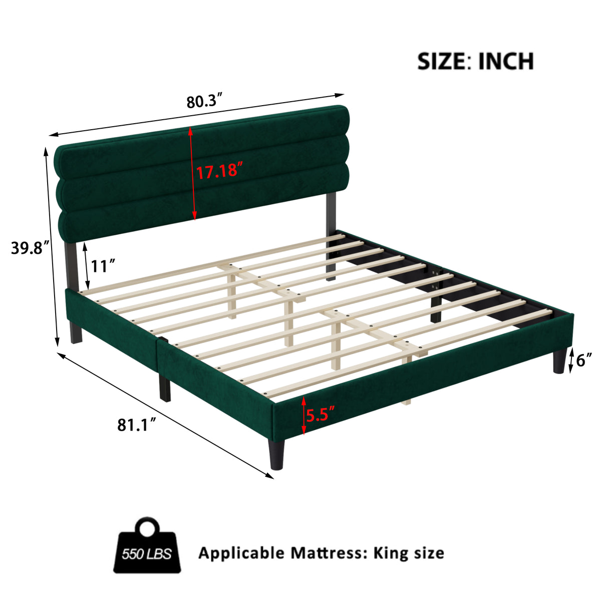 King Bed Frame with Headboard,Sturdy Platform Bed with Wooden Slats Support,No Box Spring,Mattress Foundation,Easy AssemblyGreen W1793140488-djyc