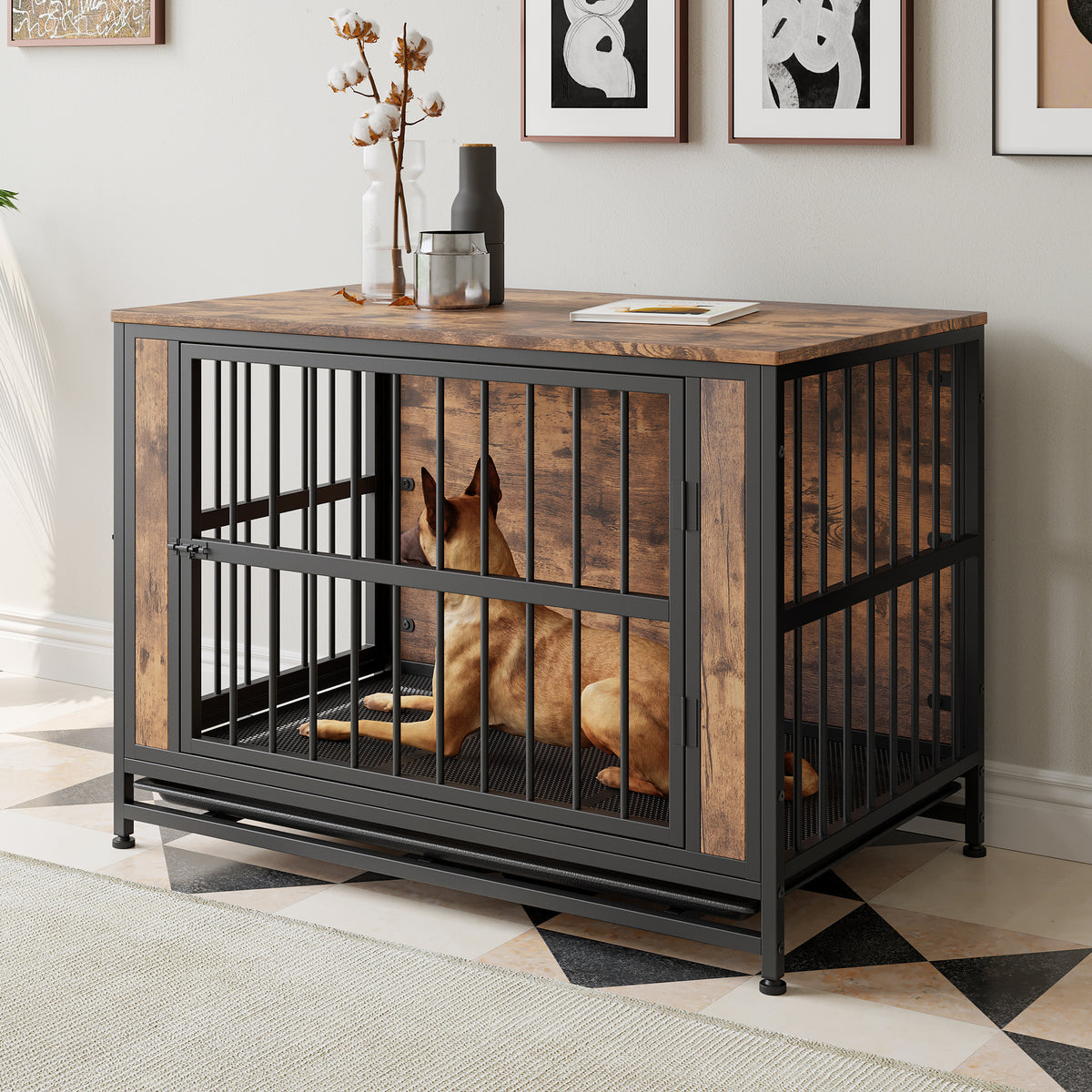 Dog Crate Furniture,Wooden Dog Crate Table, 38.9" Dog Kennel with 2 Sliding Doors and Thick Iron Door Frame, Decorative Pet Crate House for Large/Medium/Small Dog Indoor Use(Rustic Brown) W840P203068-djyc