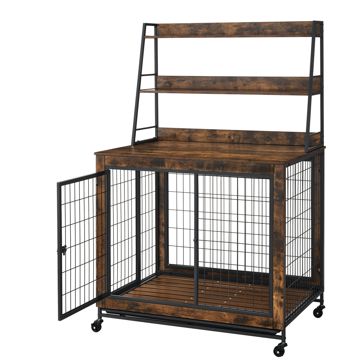 Furniture type dog cage iron frame door with cabinet, two door design, Rustic Brown,37.99"WX27.36"DX59.92"H W1903P151284-djyc