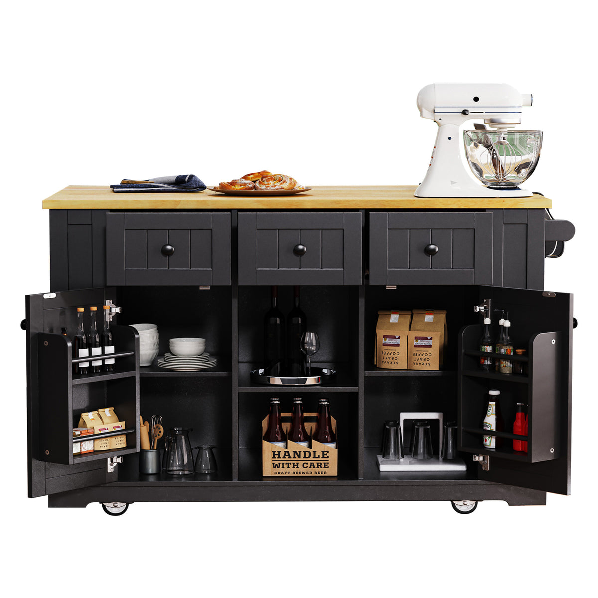 K&K 53inch Large Kitchen Island with Drop Leaf, Power Outlet, Door Internal Storage Rack, Rolling Kitchen Cart on 5 Wheels with 5 Open Side Racks for Kitchen, Dining Room,Black(Not include bar stools) N707P185531B-djyc