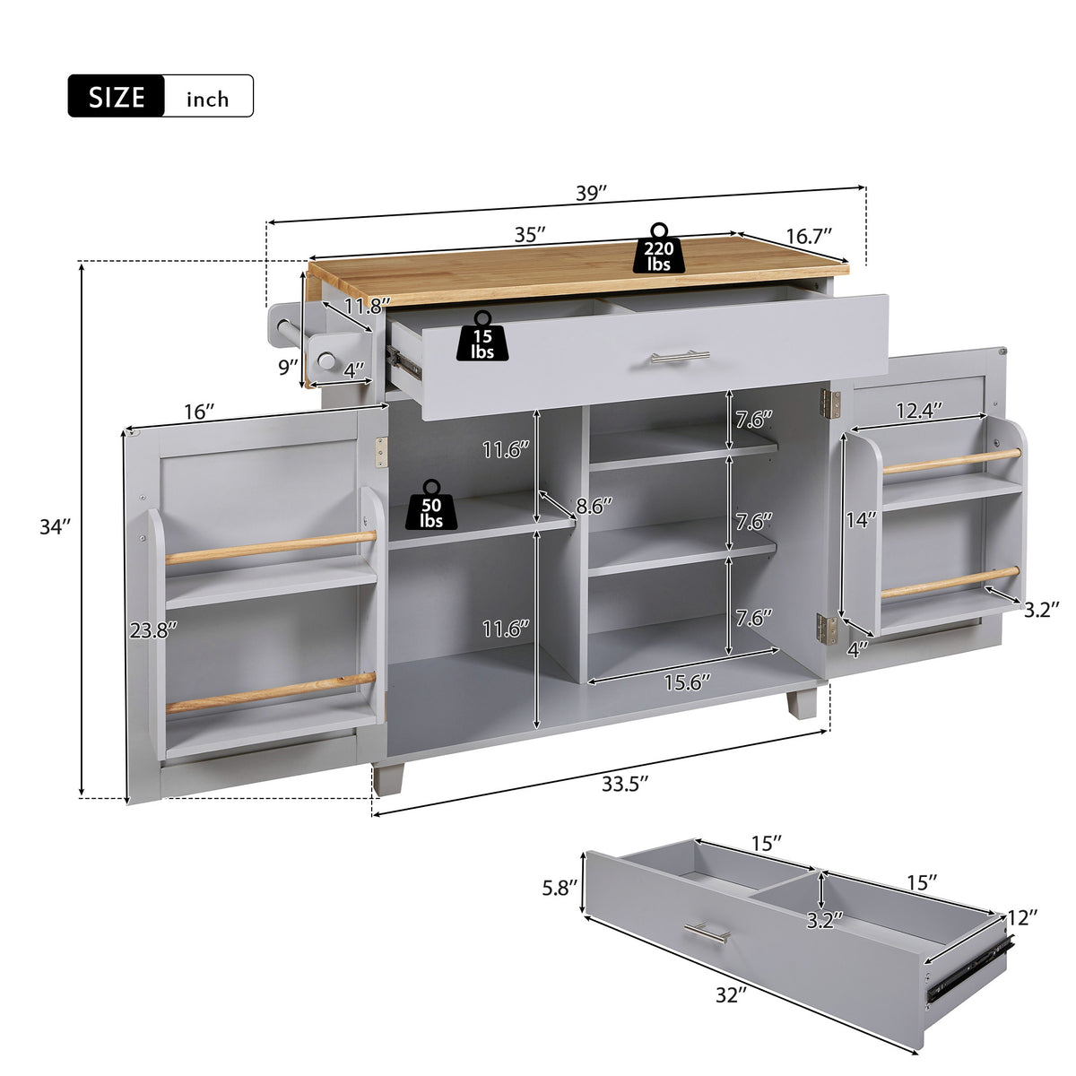 K&K Rolling Kitchen Island with Storage, Kitchen Cart with Rubber Wood Top, Spacious Drawer with Divider and Internal Storage Rack, Kitchen Island on Wheels with Adjustable Shelf Tower Rack, Grey WF316601AAG-djyc