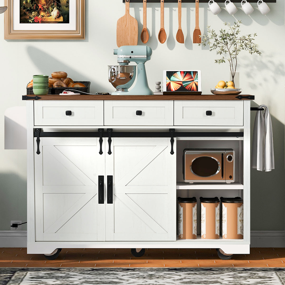 K&K 53.7" Farmhouse Kitchen Island with Power Outlet, 2 Sliding Barn Door Kitchen Storage Island with Drop Leaf, Spice Rack Rolling Kitchen Cart on Wheels, for Home, Kitchen and Dining Room, White N707P170347W-djyc