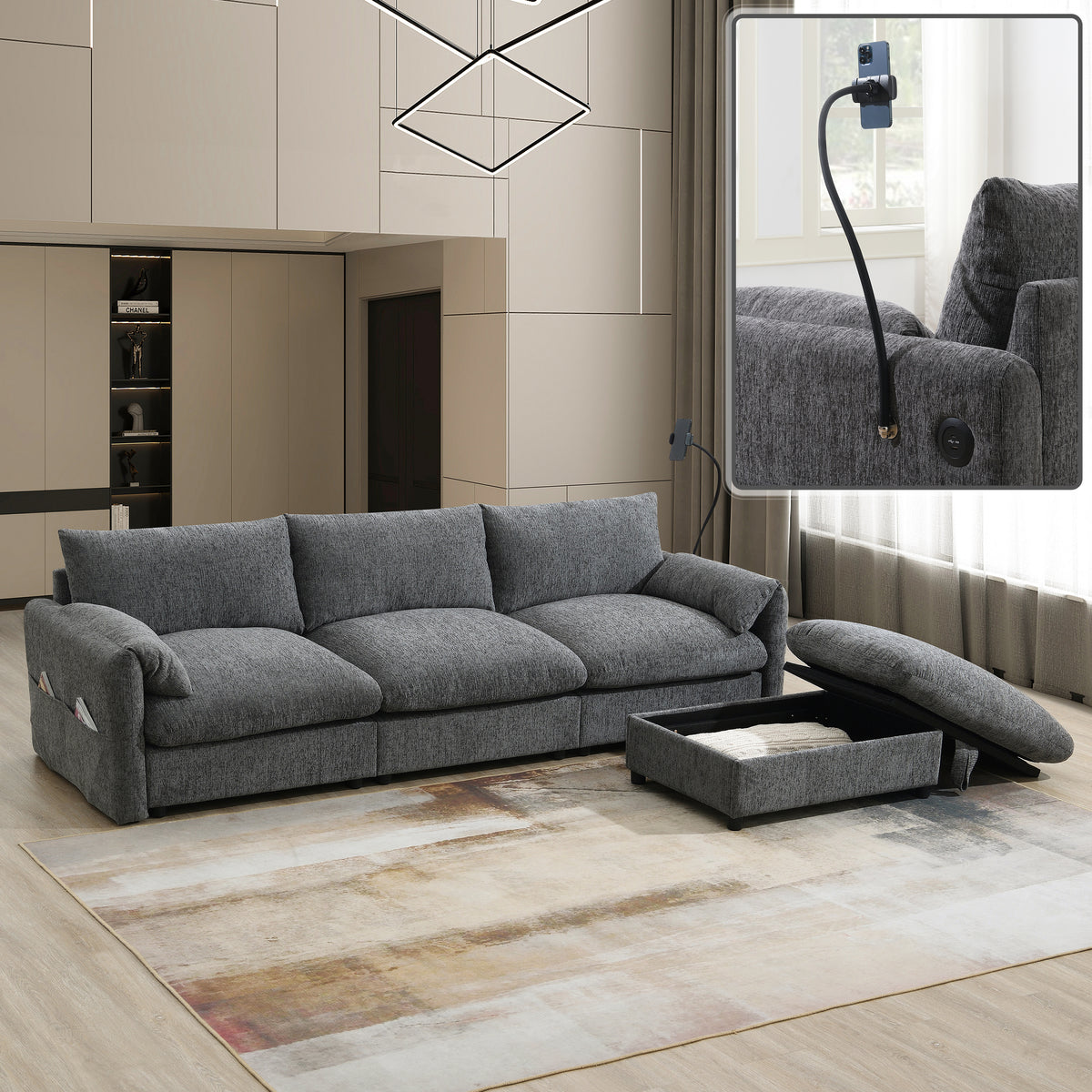[VIDEO+NEW]96.5'' Chenille Sectional Sofa with Storage Ottoman and Pockets,Adjustable Phone Holder,Wide Seat,4 Seat L Shaped Couch Set,Comfy Sofa with USB Charger for Living Room,Apartment,3 Colors N723S9776E-djyc