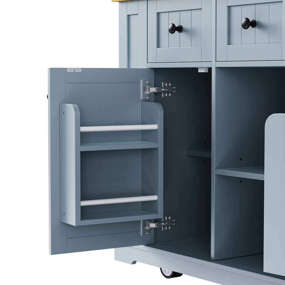 K&K 53inch Large Kitchen Island with Drop Leaf,Power Outlet,Door Internal Storage Rack,Rolling Kitchen Cart on 5 Wheels with 5 Open Side Racks for Kitchen,Dining Room,Grey Blue(Not include bar stools) N707P185531G-djyc