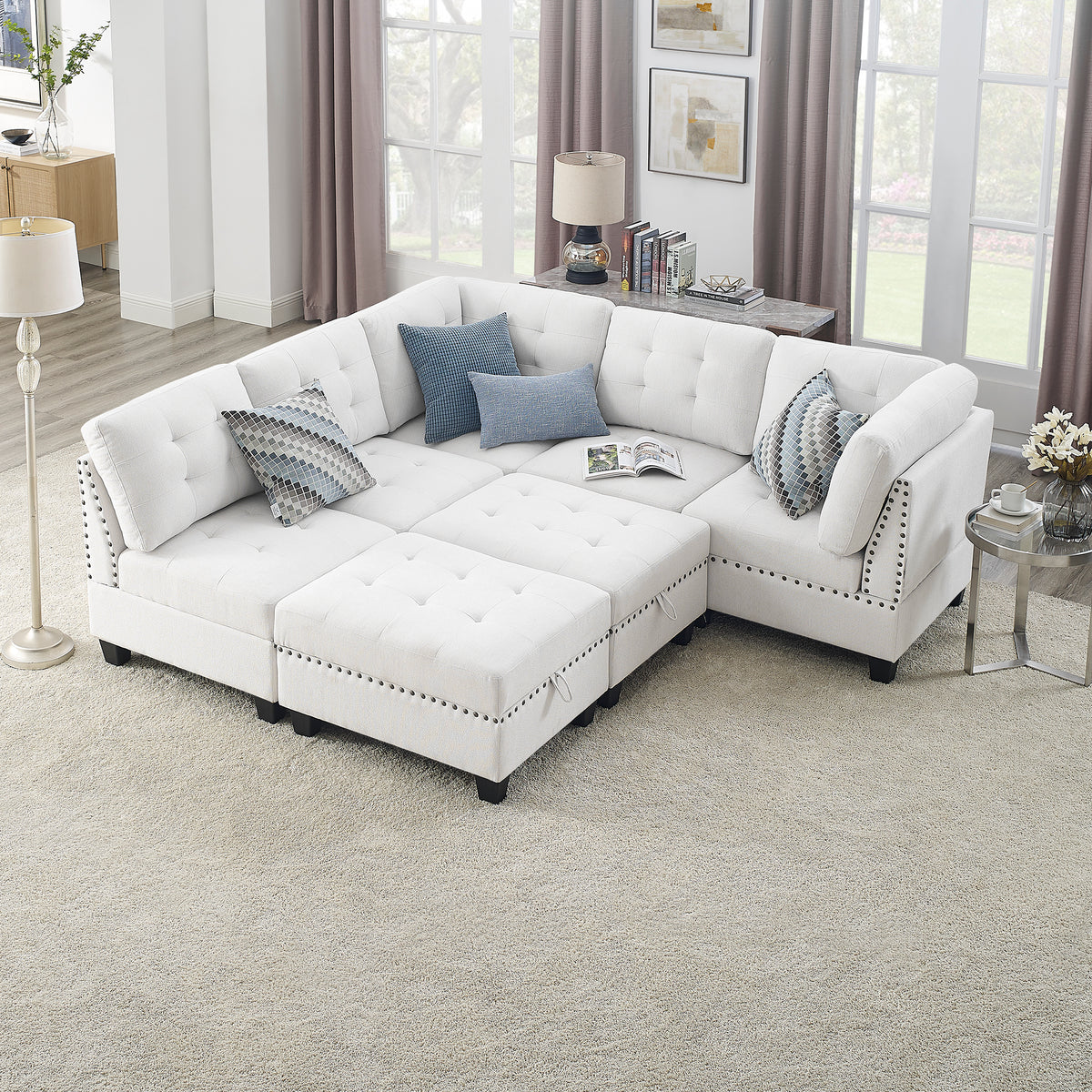 L shape Modular Sectional Sofa,DIY Combination,includes Three Single Chair ,Two Corner and Two Ottoman,Ivory Chenille W487S00196-djyc