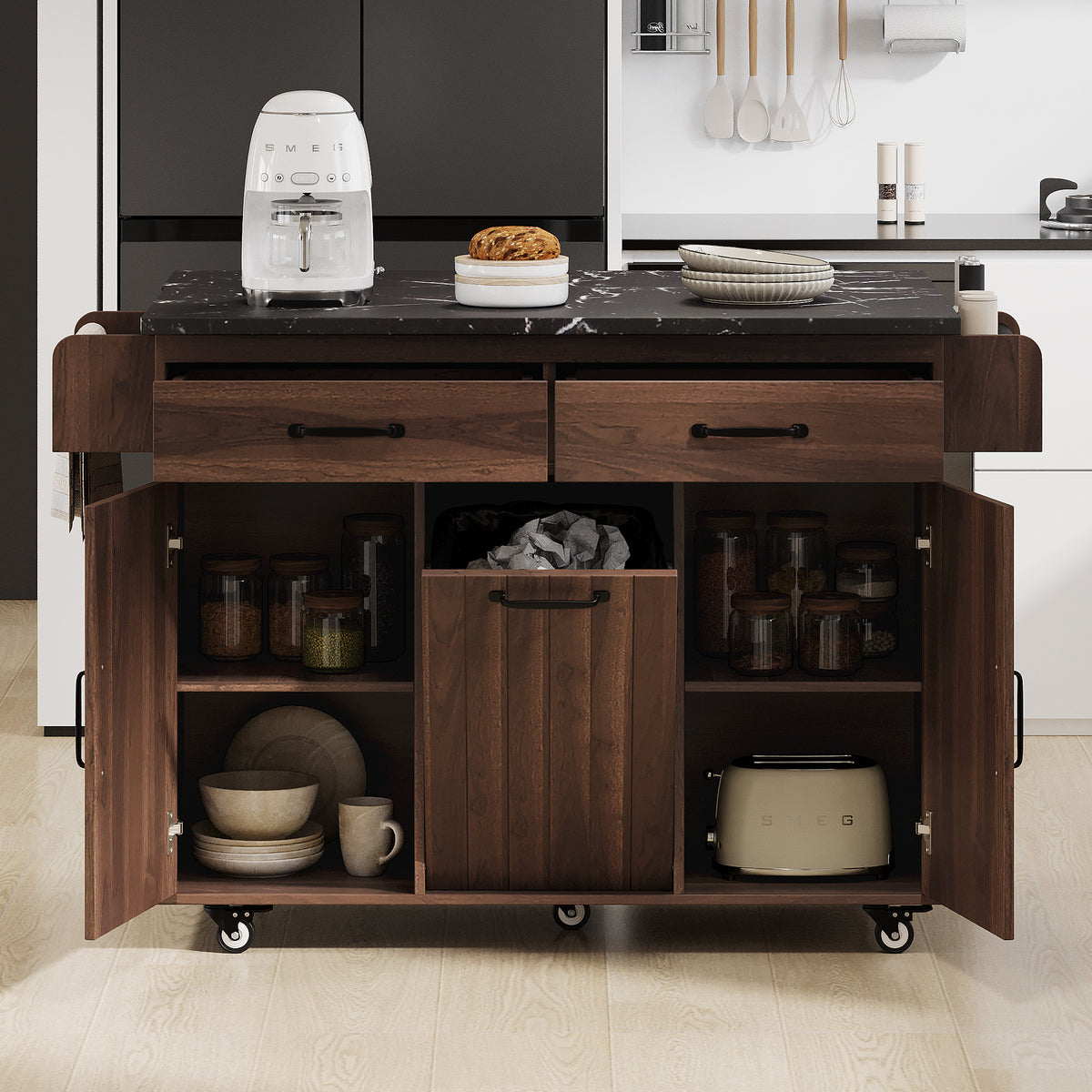 K&K Kitchen Island with Trash Can Storage Cabinet, Kitchen Cart with Drop Leaf, Spice Rack, Towel Rack and Drawer, Rolling Kitchen Island on Wheels with Adjustable Shelf, Walnut Brown WF326381AAZ-djyc