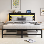 Queen SizeMetal Bed Frame with Wooden Headboard, RGB Lights, Charger, Storage Shelf, Noise-Free, No Box Spring Needed, Black W840P209907-djyc