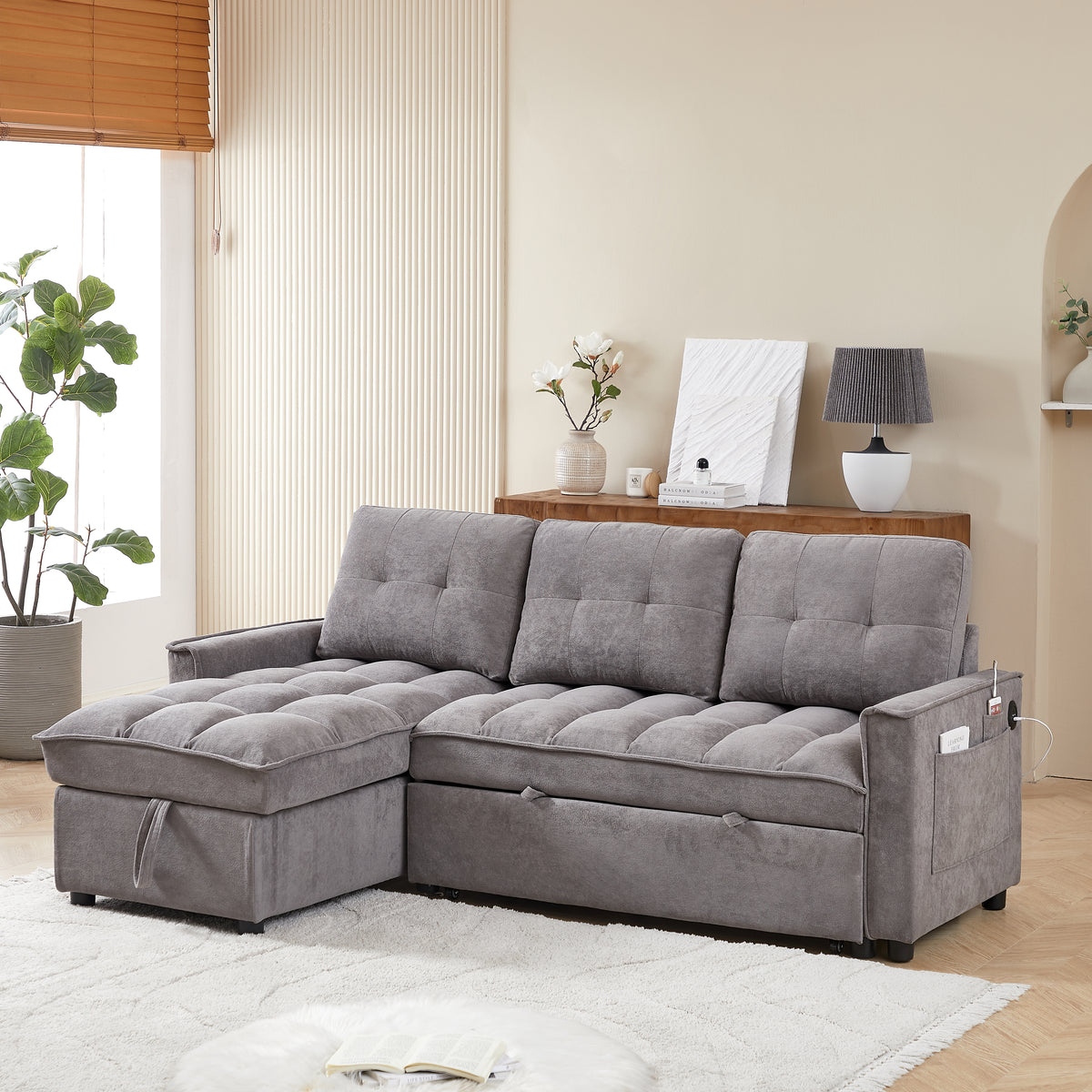 MH 78.75' Reclining Sofa, Pull-Out Sofa Bed with USB and tape-c charging ports, L-Shaped Sectional Sofa with Reclining Storage and Arm Side Organizer Pocket Features, Living Room Comfort Sofa W1193S00102-djyc