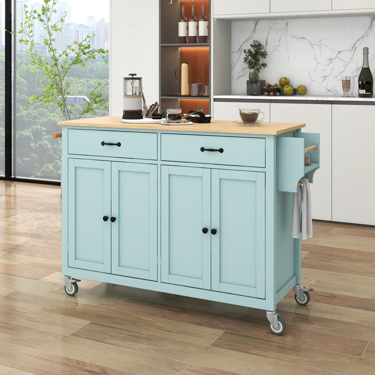 Kitchen Island Cart with 4 Door Cabinet and Two Drawers and 2 Locking Wheels - Solid Wood Top, Adjustable Shelves, Spice & Towel Rack(Mint Green) WF286911AAN-djyc