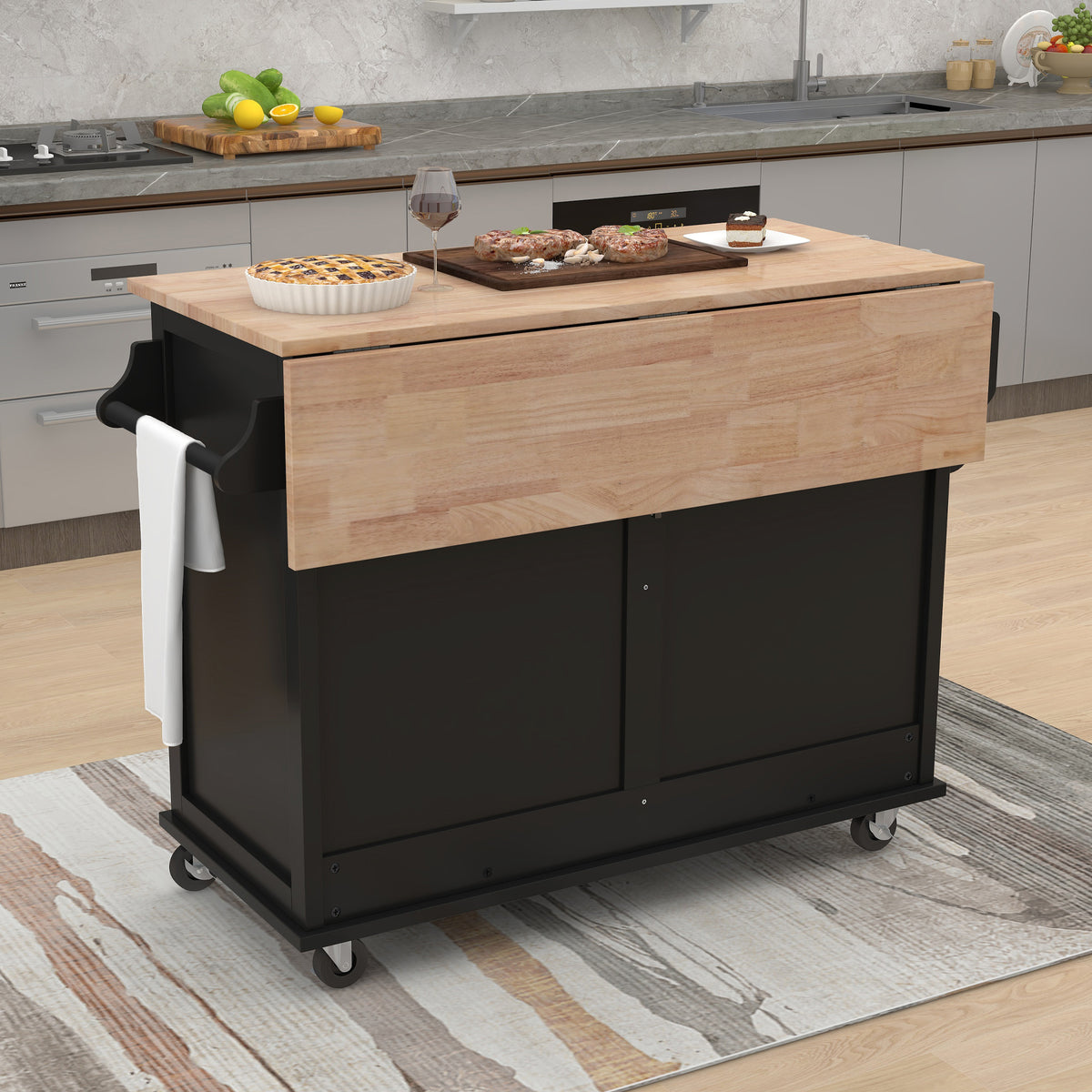 Kitchen Cart with Rubber wood Drop-Leaf Countertop, Concealed sliding barn door adjustable height,Kitchen Island on 4 Wheels with Storage Cabinet and 2 Drawers,L52.2xW30.5xH36.6 inch, Black SK000001AAB-djyc