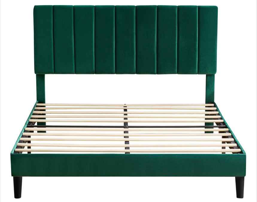 Full Size Frame Platform Bed with Upholstered Headboard and Slat Support, Heavy Duty Mattress Foundation, No Box Spring Required, Easy to Assemble, Green W1793115351-djyc