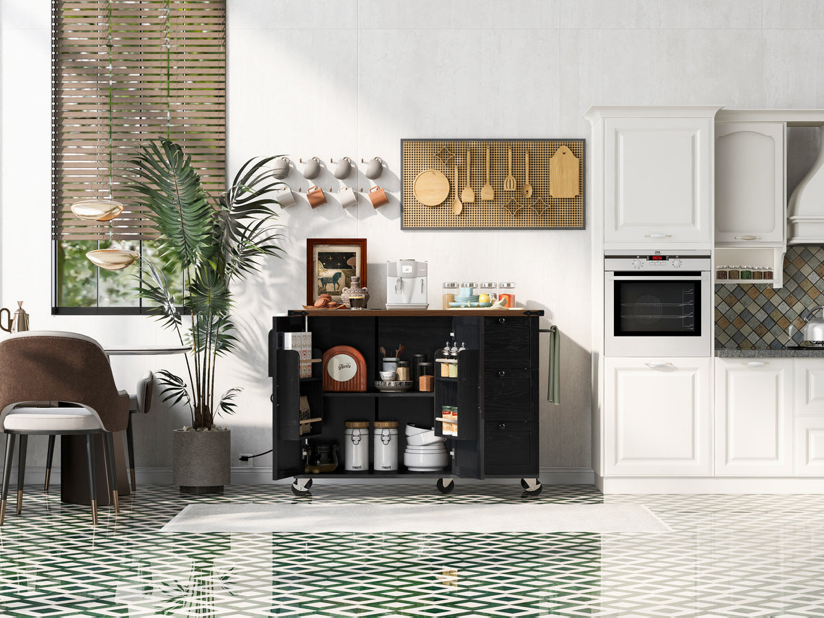 K&K 54.5" Farmhouse Kitchen Island with Power Outlet, Kitchen Storage Islandwith Internal Storage Rack, Drop Leaf, Spice Rack, Rolling Kitchen Cart on Wheels, for Home, Kitchen and Dining Room,Black N707P170349B-djyc