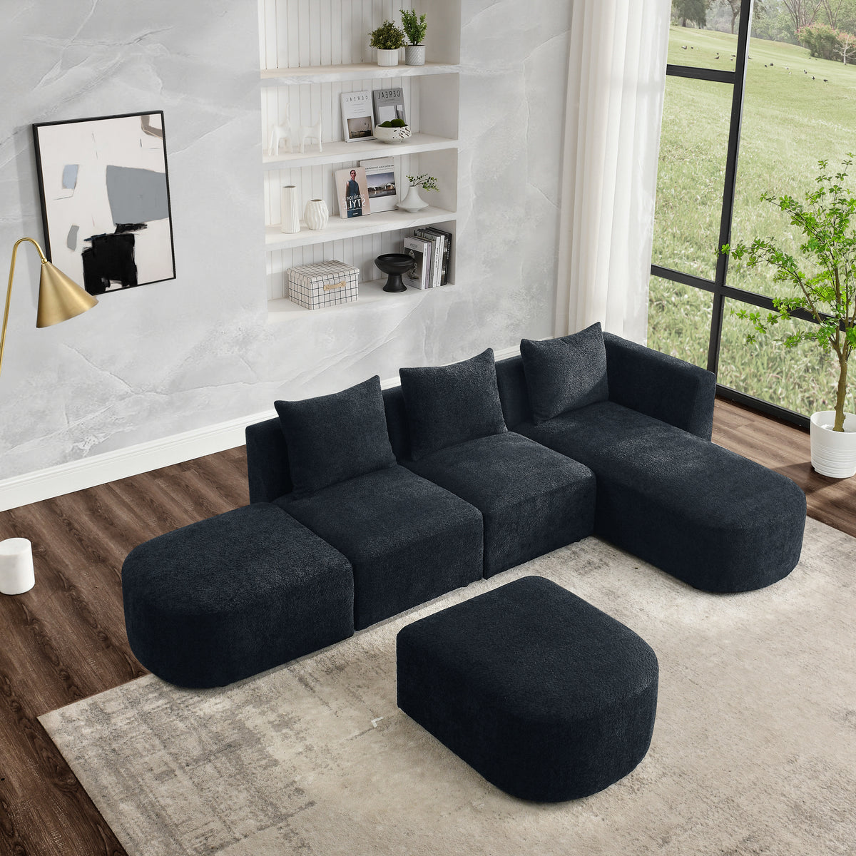 L Shape Sectional Sofa with Right Side Chaise and Ottoman, Modular Sofa, DIY Combination, Loop Yarn Fabric, Black W487S00157-djyc