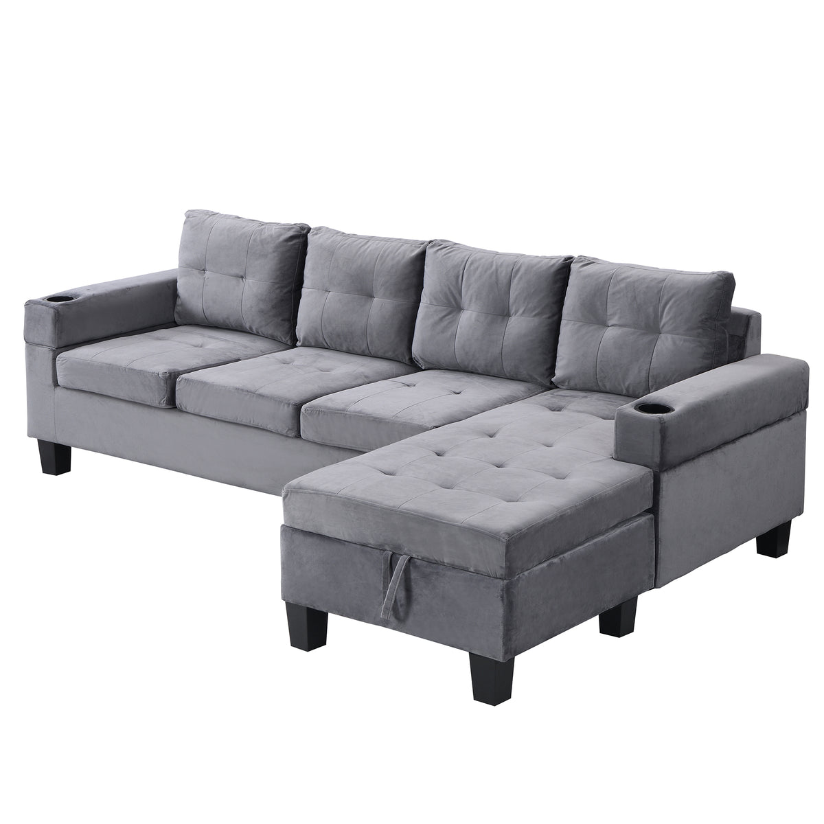 Sectional Sofa Set for Living Room with L ShapeChaise Lounge ,cup holder andRightHand with Storage ChaiseModern 4 Seat (Grey) --RIGHT CHAISE WITH STORAGE K214S00003-djyc