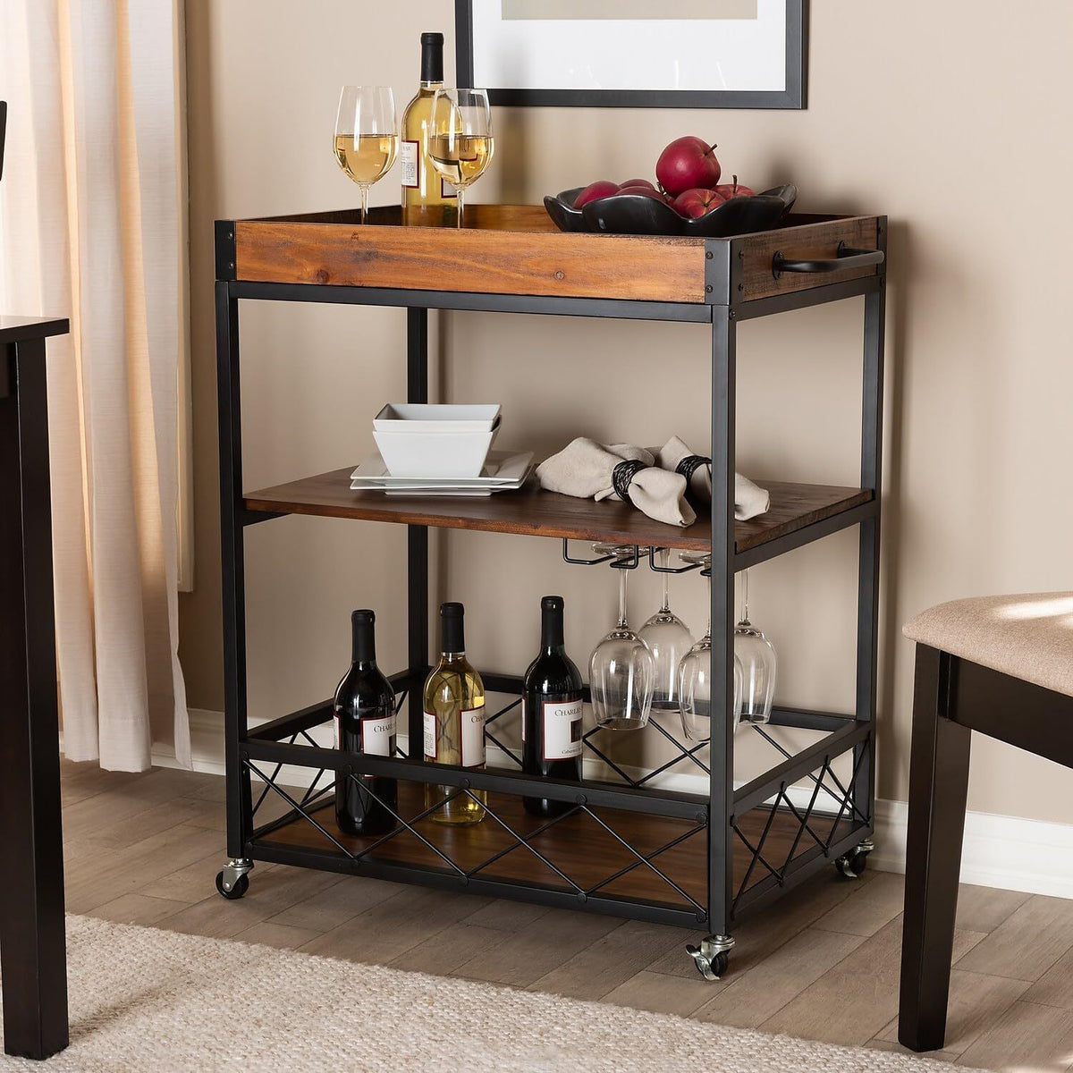 32.6'' Tall Industrial Style Rolling Kitchen Island Wine Cart with Black Finished, Fir Wood Mobile Metal Wine Bar Cart with Glass Rack, Oak Brown W2557P180163-djyc