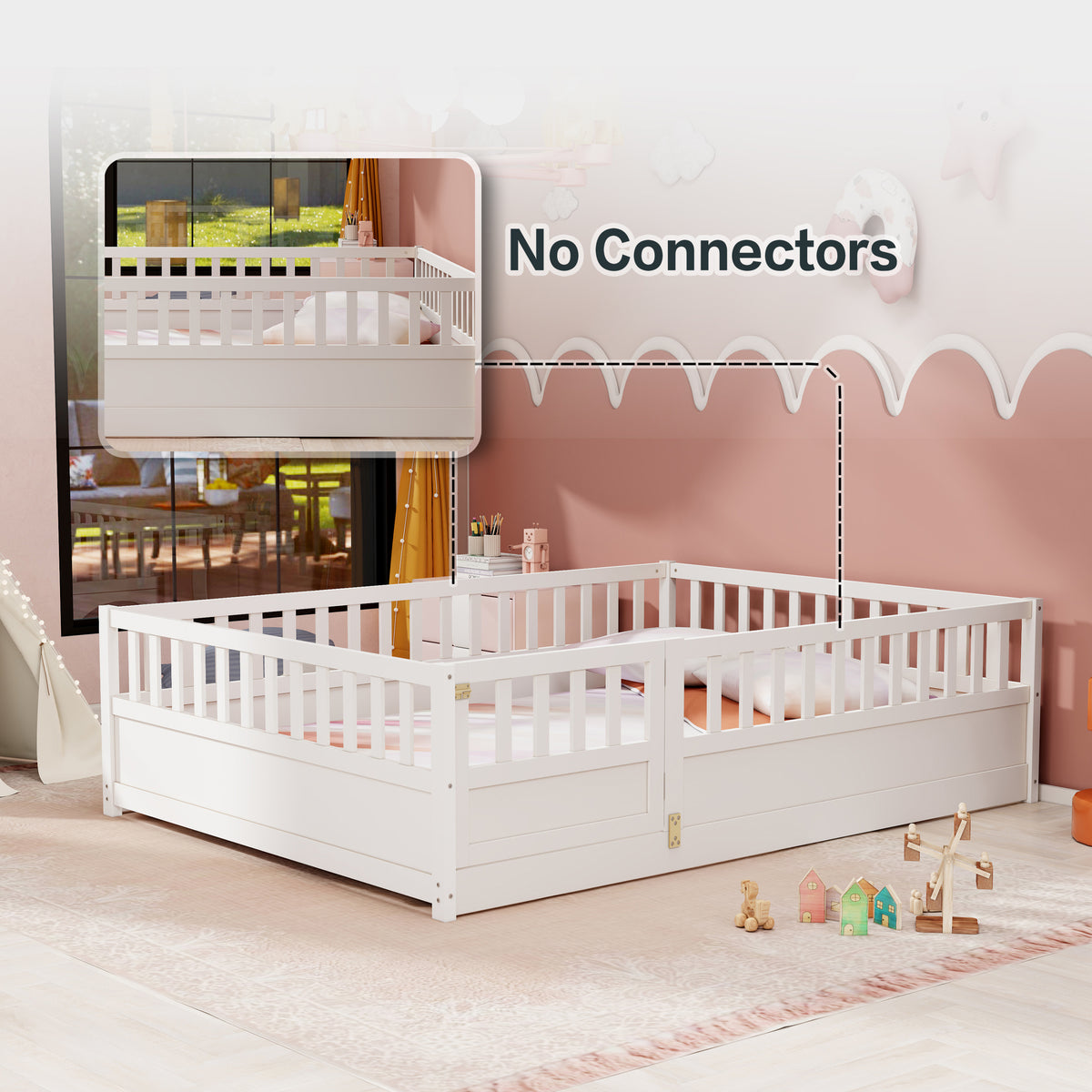 Full sizeFloor bed, integral construction with super high security barrier, door, children's floor bed frame, Montessori wooden children's floor bed, white W1858P164931-djyc