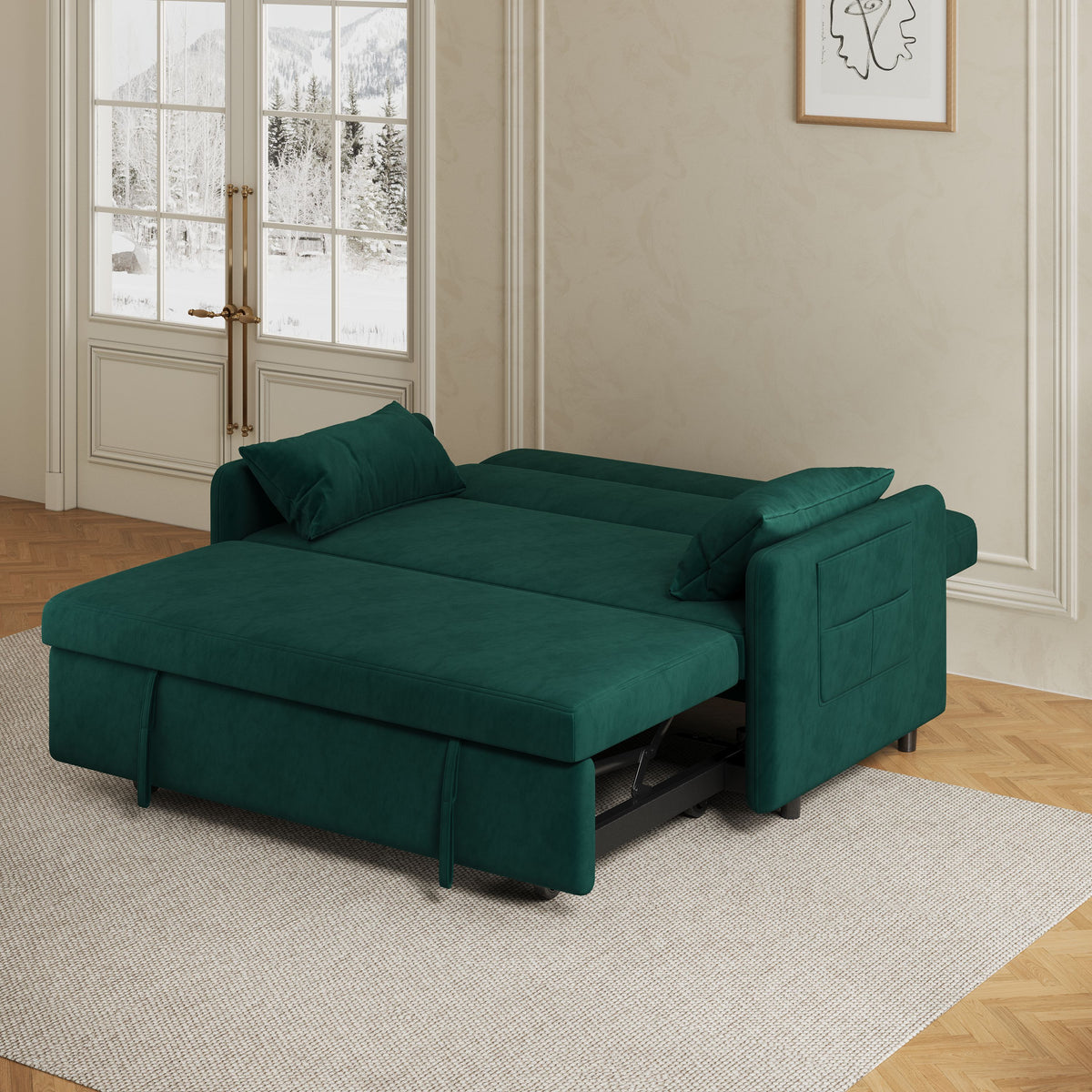 Sofa Pull Out Bed Included Two Pillows 54" Green Velvet Sofa for Small Spaces W1278125092-djyc