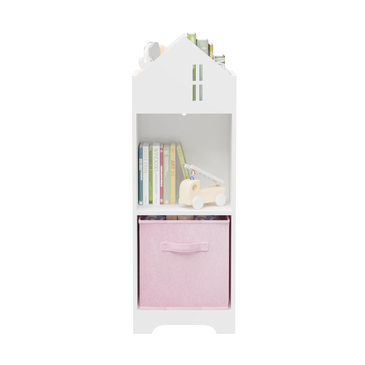 Kids Dollhouse Bookcase with Storage, 2-Tier Storage Display Organizer, Toddler Bookshelf with Collapsible Fabric Drawers for Bedroom or Playroom (White/Pink) W808122618-djyc