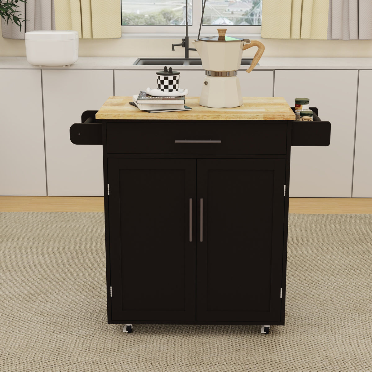 Kitchen island rolling trolley cart with 1 drawer & 2 doors with Adjustable Shelves & towel rack & seasoning rack rubber wood table top - Black W282P184187-djyc