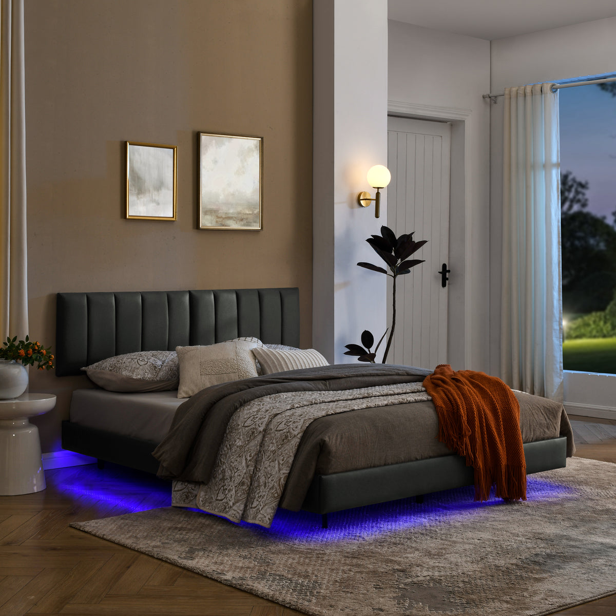 Queen Floating Bed Frame with LED Lights and Wall Mounted Headboard Modern Low Profile Led Platform Bed Frame Queen Size Faux Leather Upholstered Platform Bed Frame,No Box Spring Needed,Grey W487P169723-djyc