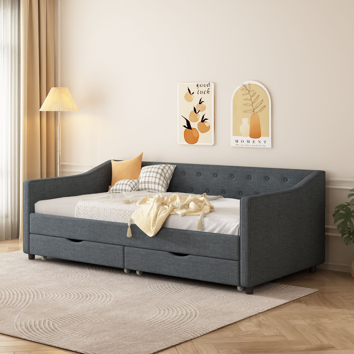 Twin Size Daybed with Drawers Upholstered Tufted Sofa Bed, with Button on Back and Piping on Waved Shape Arms-Dark Grey W2336S00004-djyc